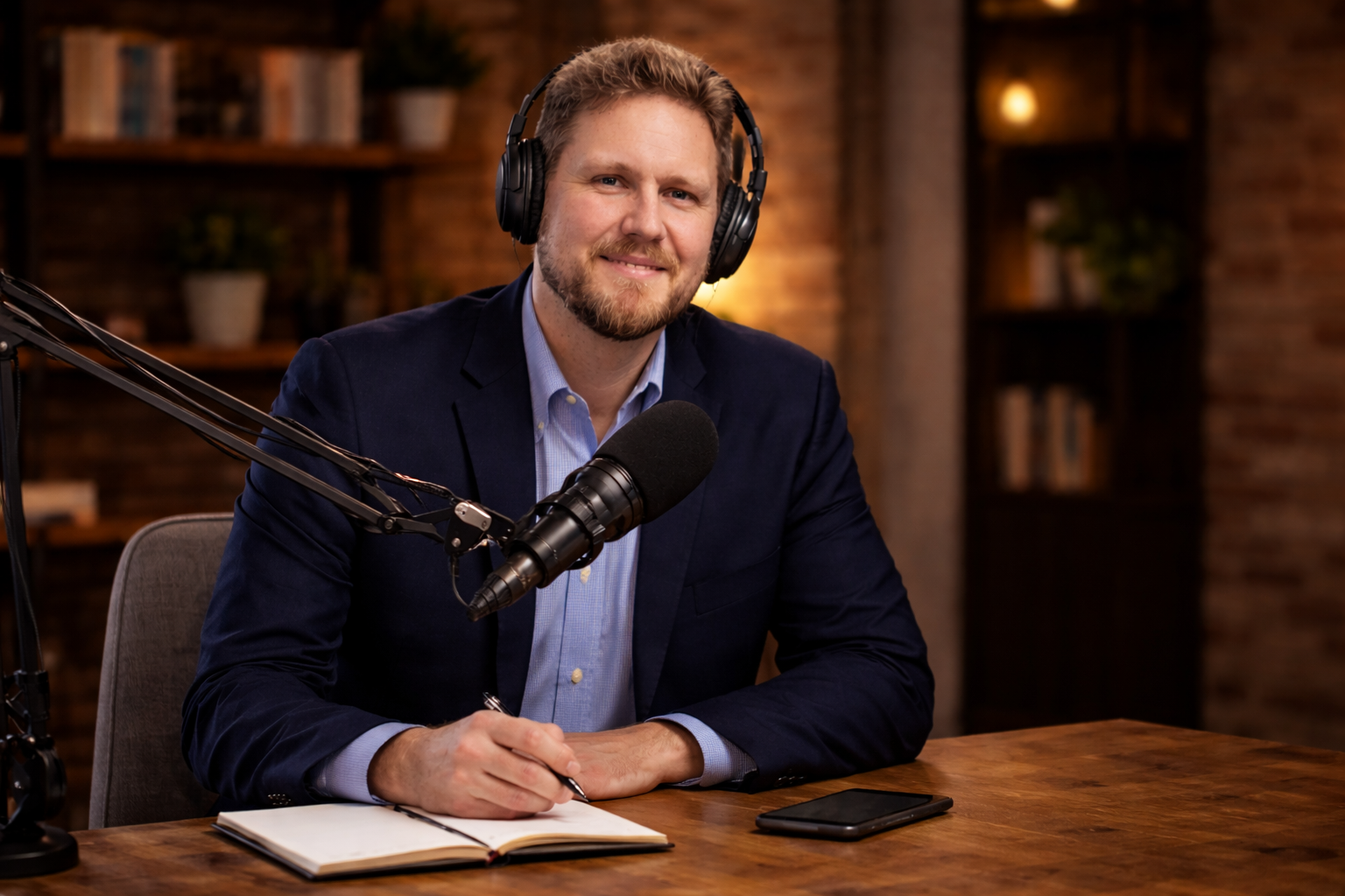 Ryan Otto in the studio, wearing headphones at a microphone